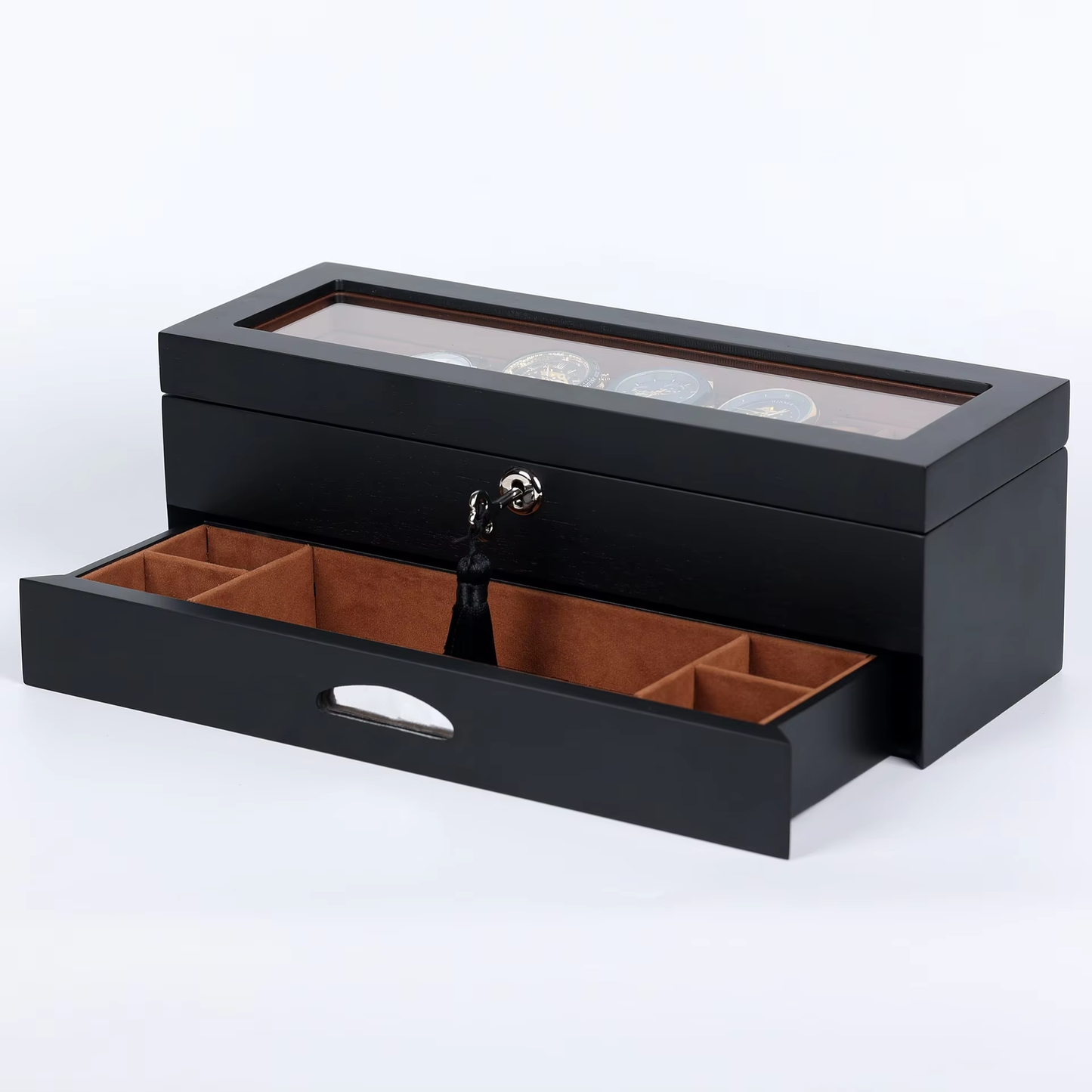 High-end Black 6-slot Rectangular MDF Watch Display Box with Closure for Wholesale Jewelry Packaging