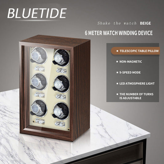 High Qulaity Wooden 6-Slot Watch Winder Storage Box With Led Light Automatic Winding for Men's Watch