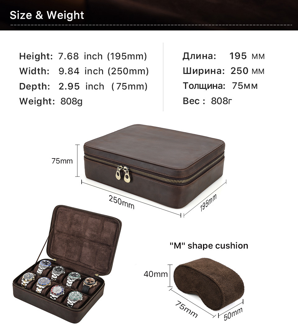 Luxury 8 Slots Rectangle Men's Watch Display Storage Case Shock Resistant Travel-friendly Leather Watch Box