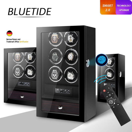 Automatic 6-Slot Touch Control Wooden Watch Winder Box OEM with Fingerprint Lock Microfiber Lining Rectangle Design-Luxury Watch Storage Gift for Men