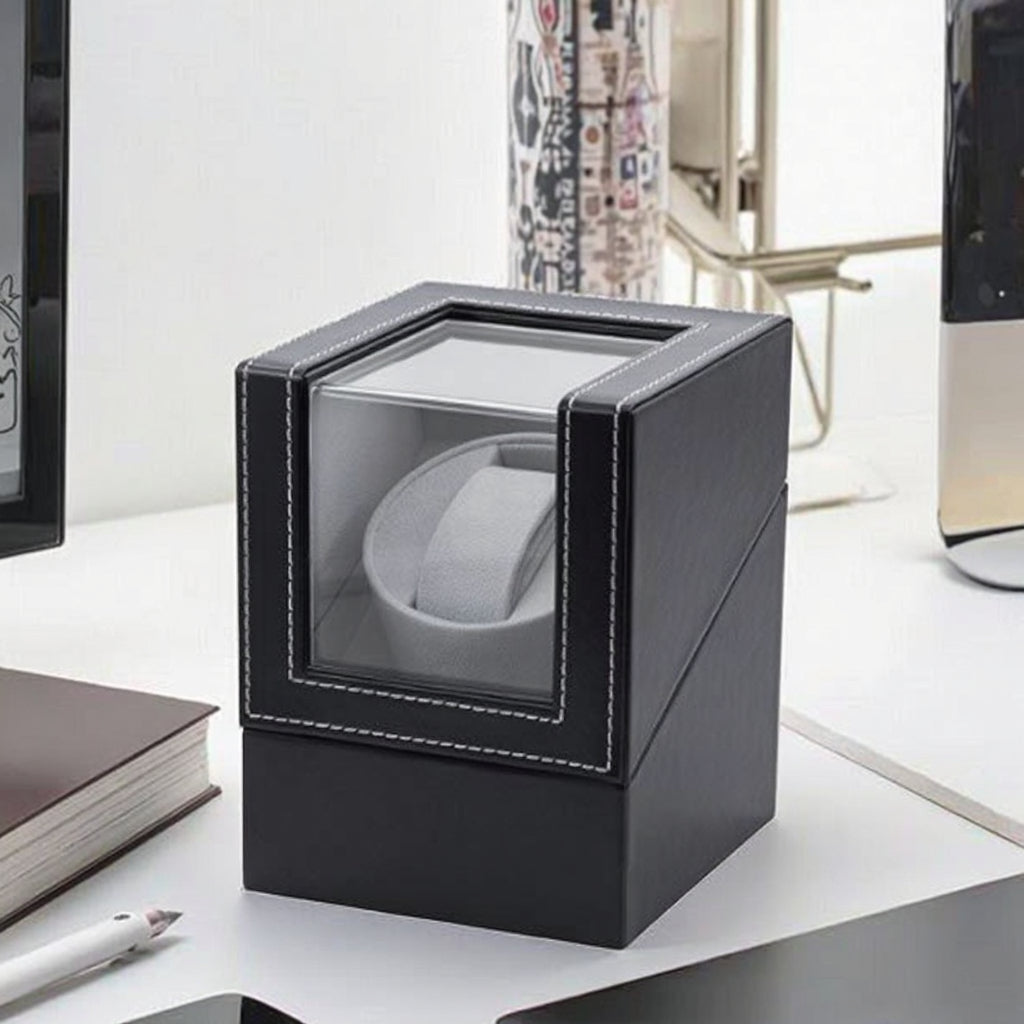 Automatic Single Watch Winder Box PU Leather Adapter Protective Luxury Wooden Display Case Dustproof Shock Resistant