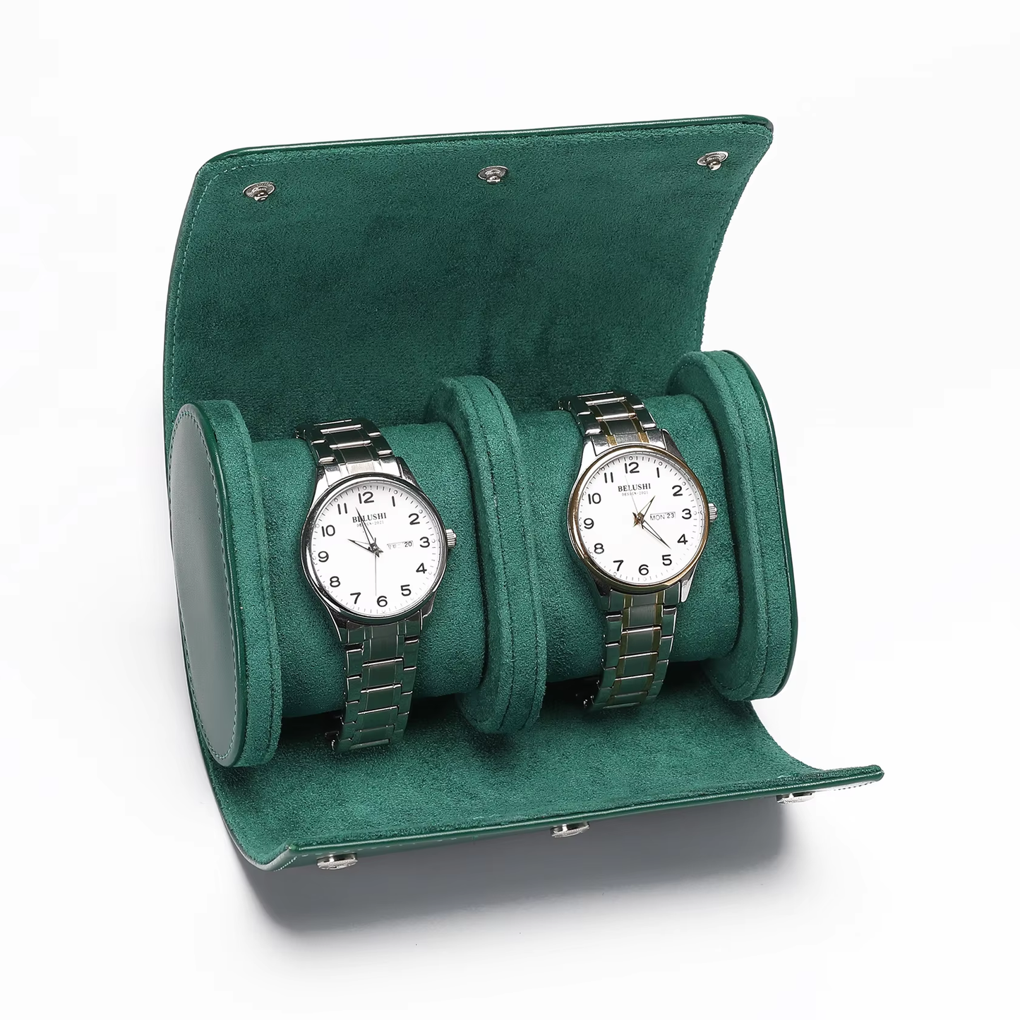 Luxury High Quality Handmade Water Resistant Protective PU Leather Suede Lining Oval Travel Watch Roll Case 2-Slot