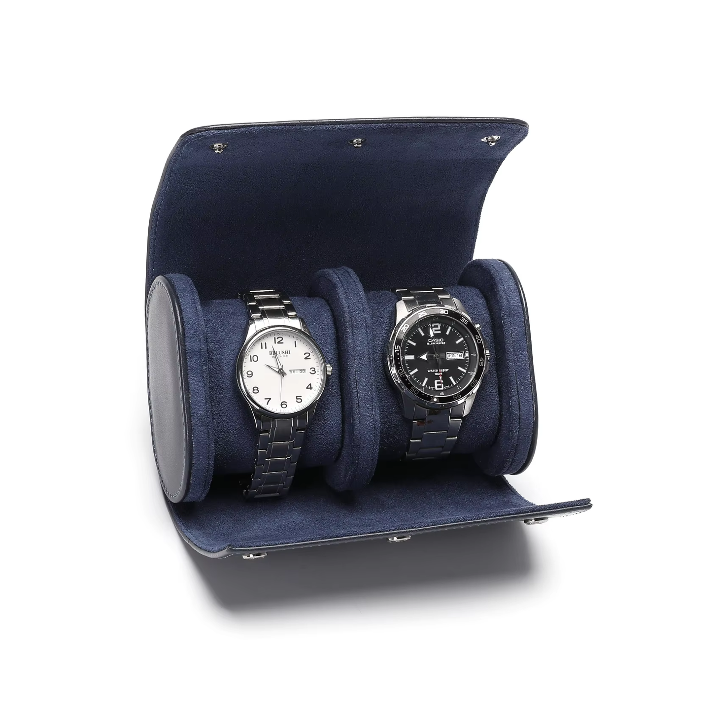 Luxury High Quality Handmade Water Resistant Protective PU Leather Suede Lining Oval Travel Watch Roll Case 2-Slot