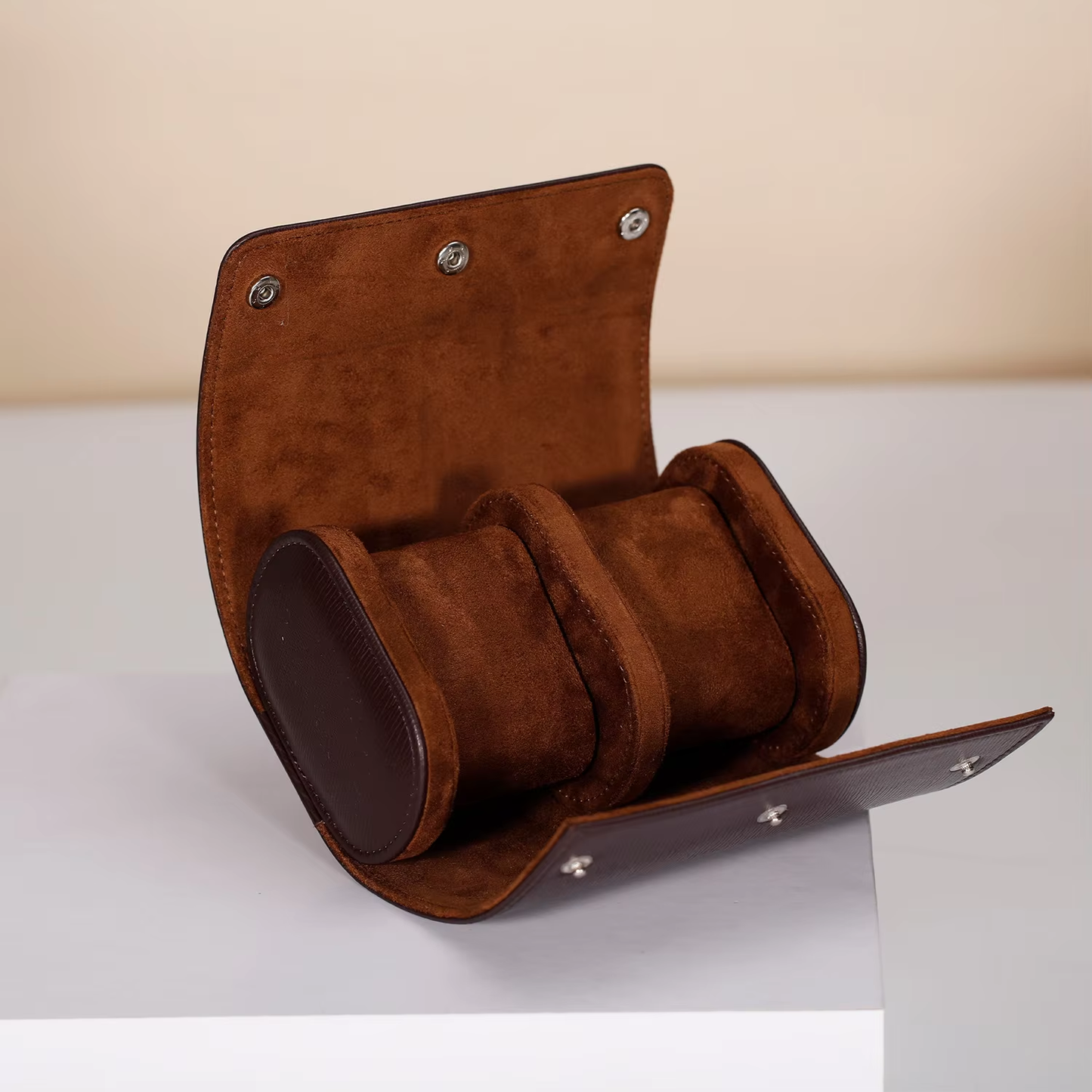 Luxury High Quality Handmade Water Resistant Protective PU Leather Suede Lining Oval Travel Watch Roll Case 2-Slot