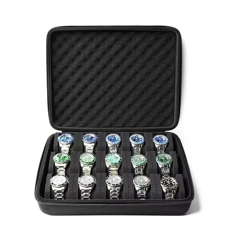 15-Slot Protective Travel Case Watches Nylon Oxford Velvet Lining Portable Zipper Organizer Fits All Watches