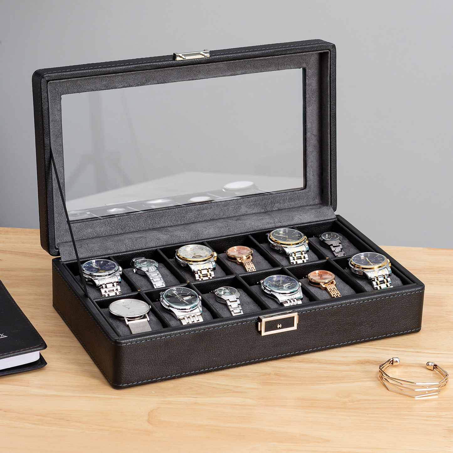Large Capacity Green New PU Leather Watch Storage Box 12-Slot Cases for Watches