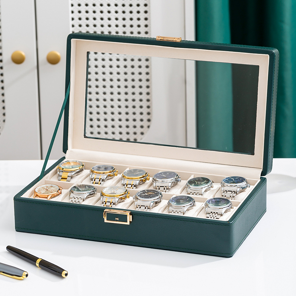 Large Capacity Green New PU Leather Watch Storage Box 12-Slot Cases for Watches