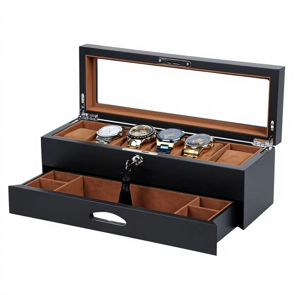 High-end Black 6-slot Rectangular MDF Watch Display Box with Closure for Wholesale Jewelry Packaging