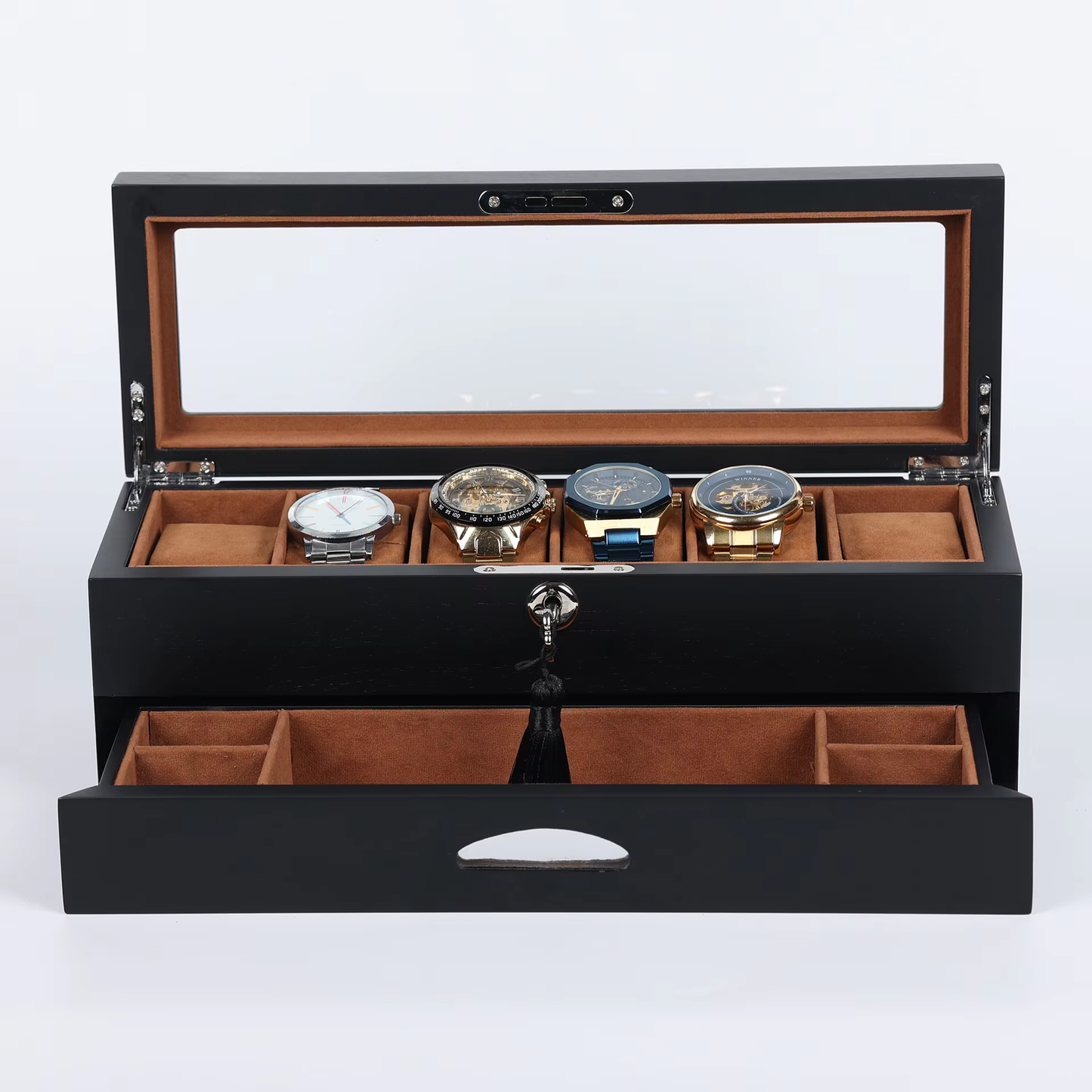 High-end Black 6-slot Rectangular MDF Watch Display Box with Closure for Wholesale Jewelry Packaging