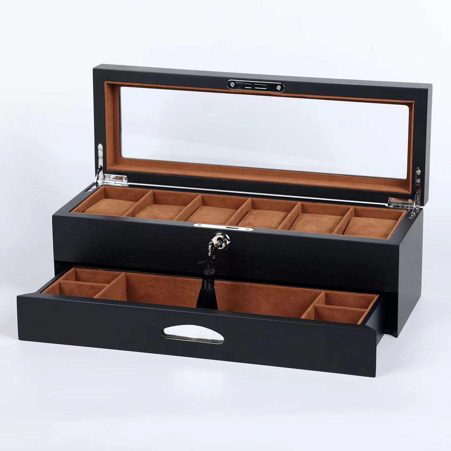 High-end Black 6-slot Rectangular MDF Watch Display Box with Closure for Wholesale Jewelry Packaging