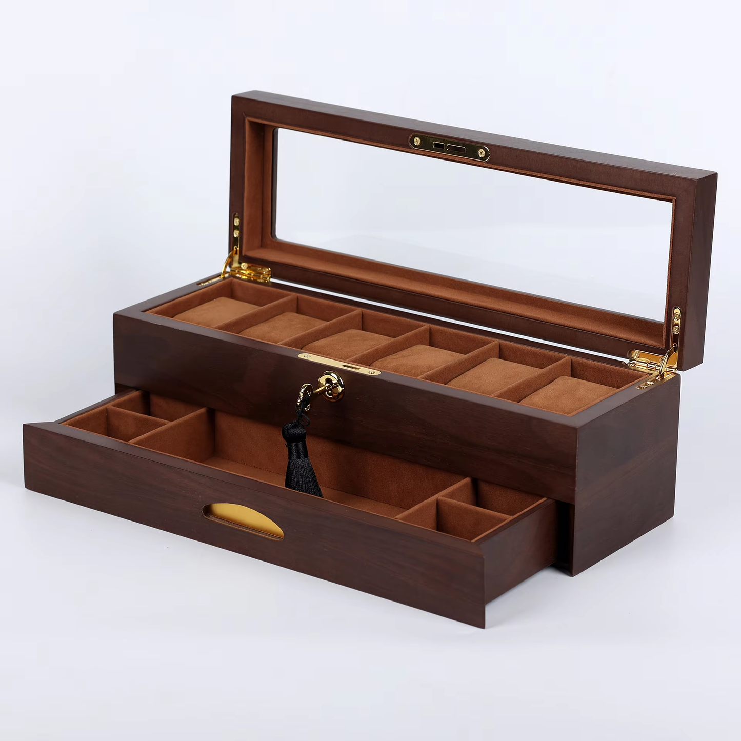 High-end Black 6-slot Rectangular MDF Watch Display Box with Closure for Wholesale Jewelry Packaging