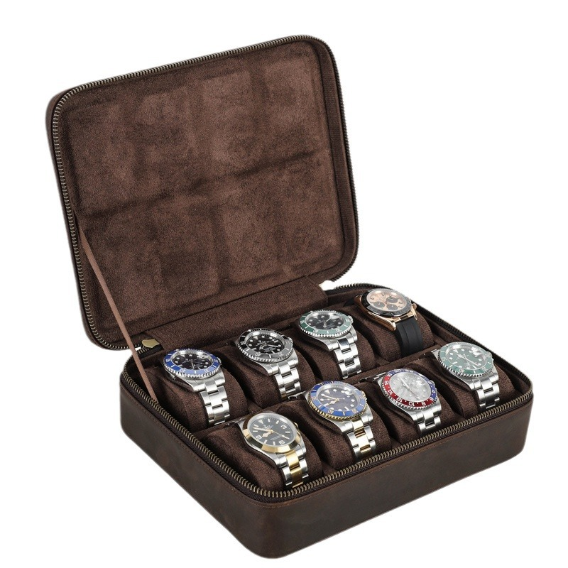 Luxury 8 Slots Rectangle Men's Watch Display Storage Case Shock Resistant Travel-friendly Leather Watch Box