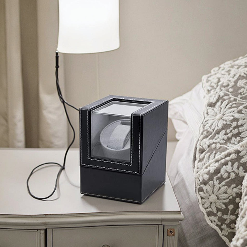 Automatic Single Watch Winder Box PU Leather Adapter Protective Luxury Wooden Display Case Dustproof Shock Resistant