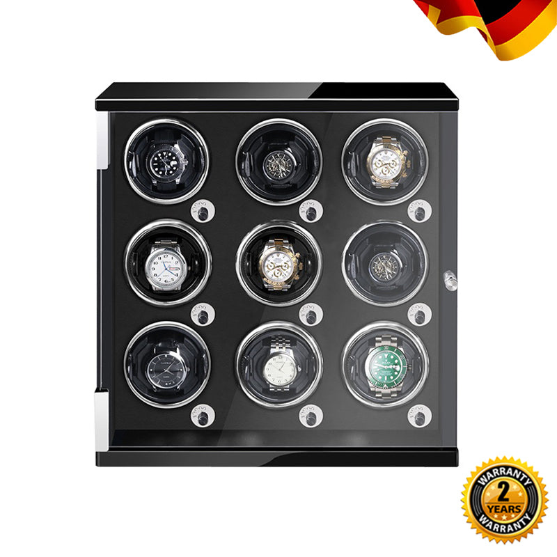 9-Slot Watch Winder Box with Protective Storage Piano Baking Lacquer for Automatic Winding Watches