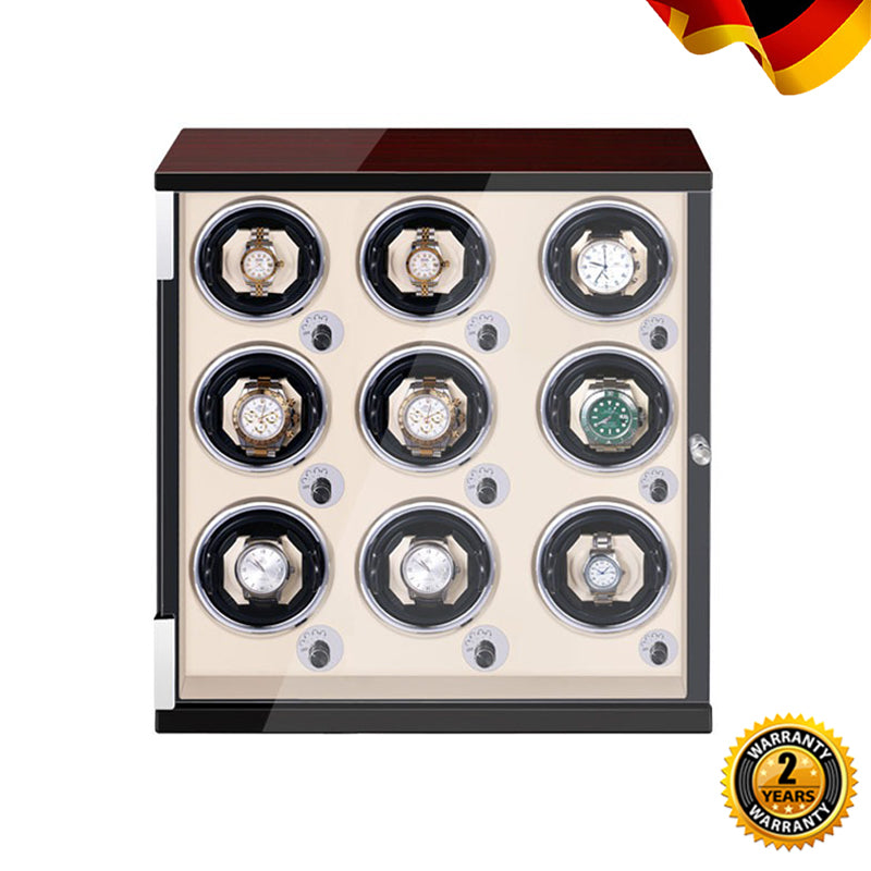 9-Slot Watch Winder Box with Protective Storage Piano Baking Lacquer for Automatic Winding Watches