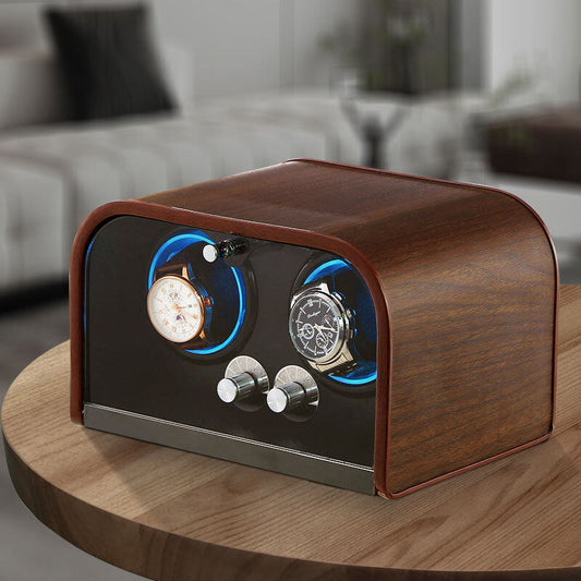 2-Slot Automatic Watch Winder Box with LED Light Protective Wood Inner Storage Luxury Watch Case