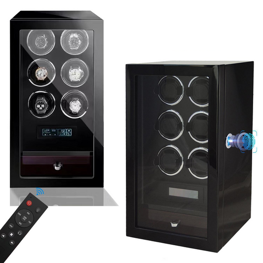 Automatic 6-Slot Touch Control Wooden Watch Winder Box OEM with Fingerprint Lock Microfiber Lining Rectangle Design-Luxury Watch Storage Gift for Men
