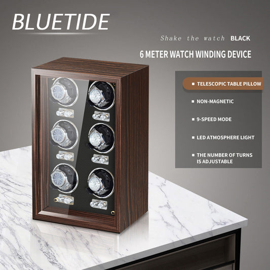 High Qulaity Wooden 6-Slot Watch Winder Storage Box With Led Light Automatic Winding for Men's Watch