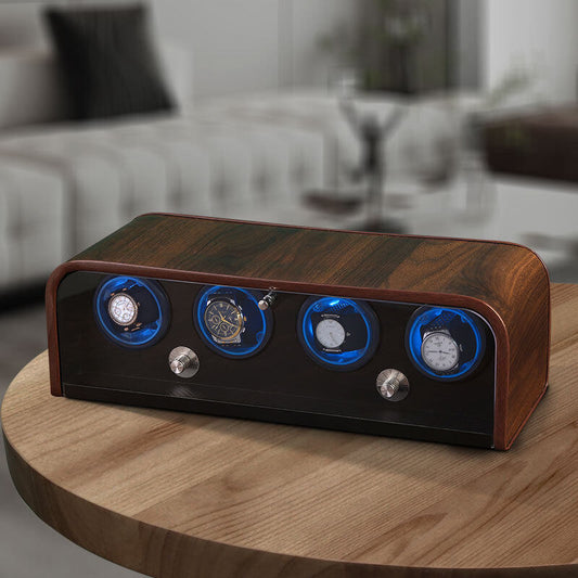 4-Slot Walnut Woodgrain Rectangle Watch Winder Home Use Mechanical Watches Self-Winding Rotating Storage Box