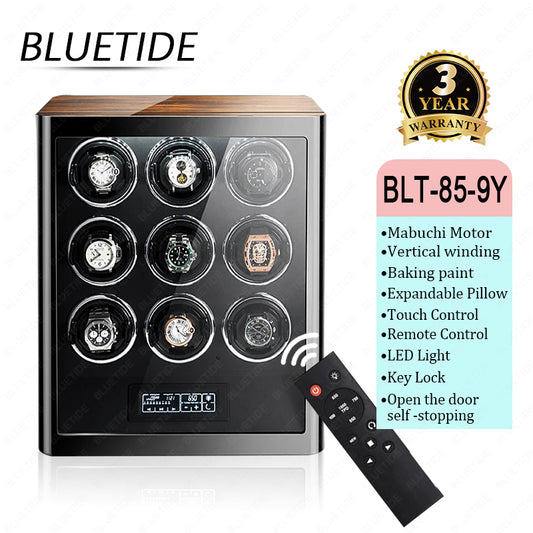 Premium Smart 9-Slot Automatic Winding Watch Winder Square Wood Display Box Touch Control