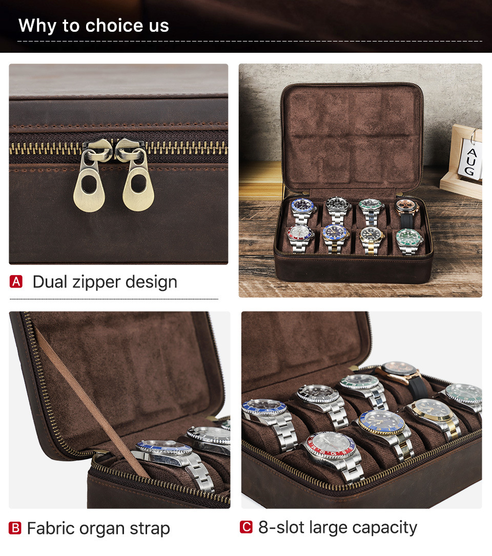 Luxury 8 Slots Rectangle Men's Watch Display Storage Case Shock Resistant Travel-friendly Leather Watch Box