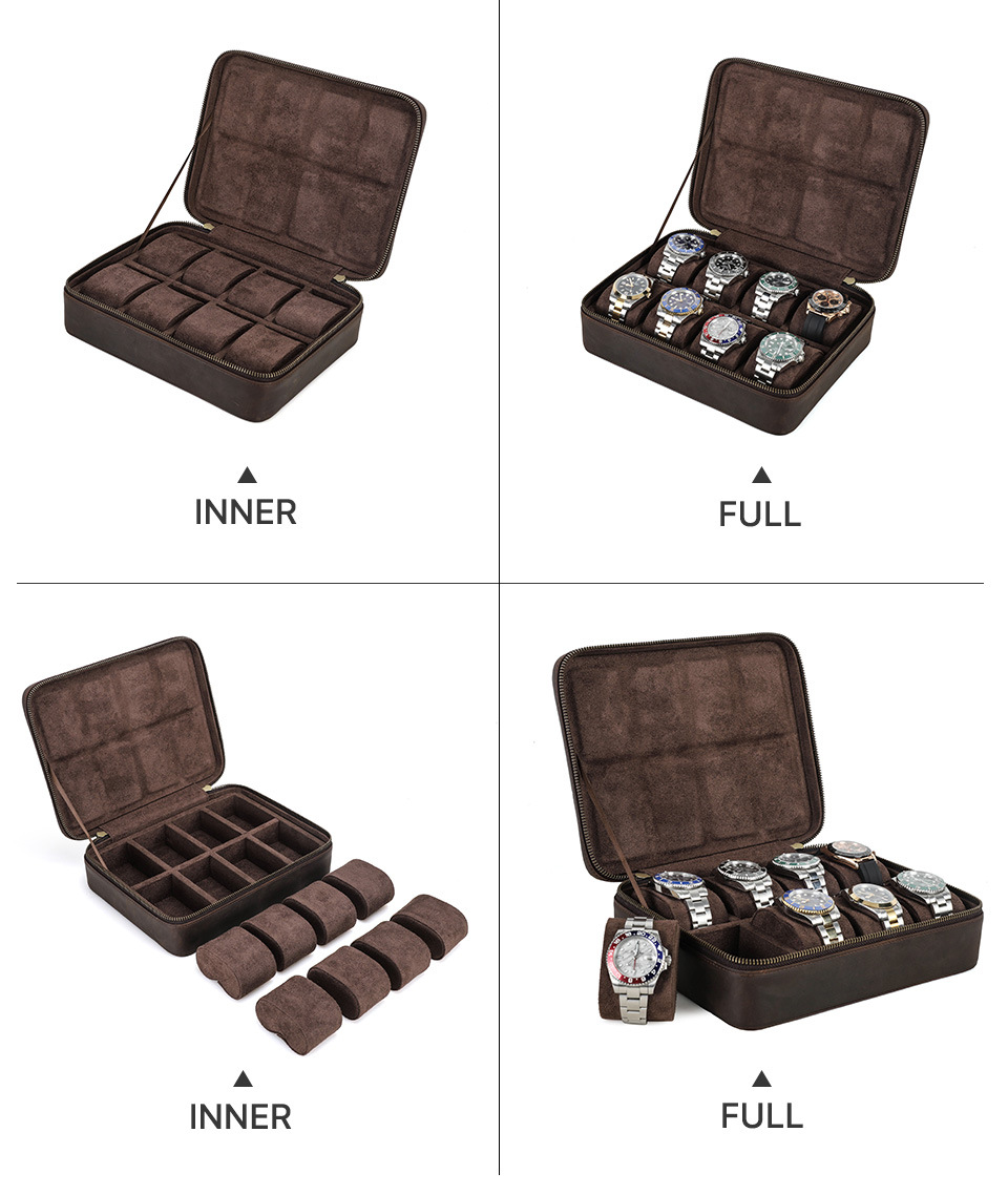 Luxury 8 Slots Rectangle Men's Watch Display Storage Case Shock Resistant Travel-friendly Leather Watch Box