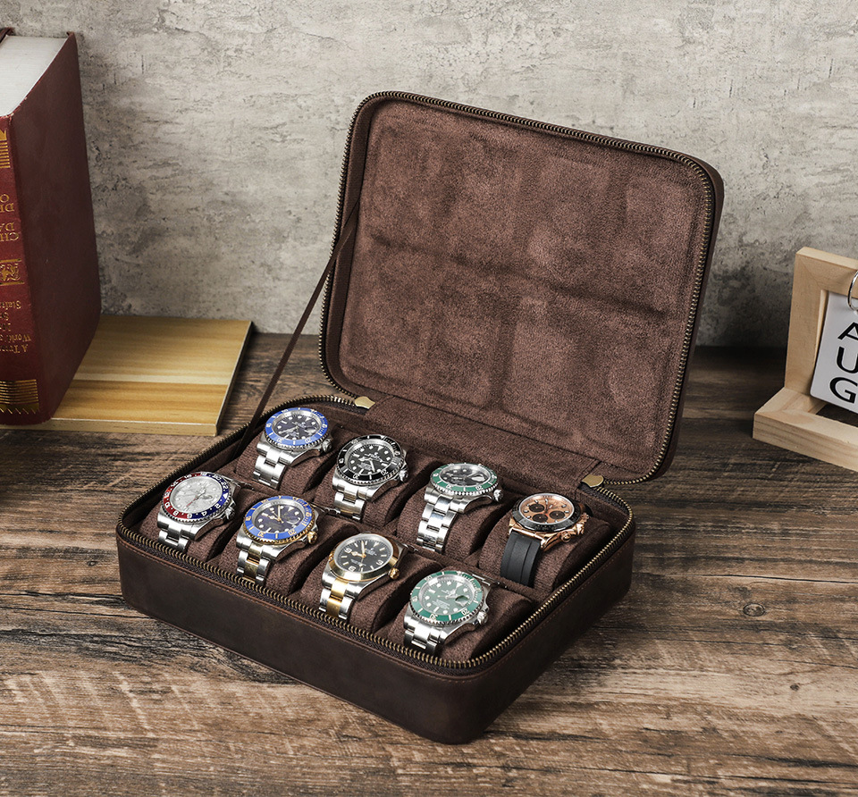 Luxury 8 Slots Rectangle Men's Watch Display Storage Case Shock Resistant Travel-friendly Leather Watch Box